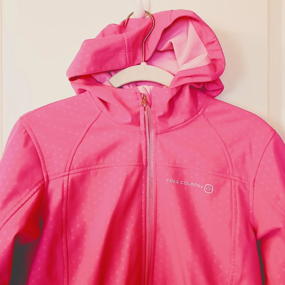 Girl's Free Country Bright Pink Polka Dot Softshell Hooded Jacket Size XL 10/12 - Picture 2 of 14